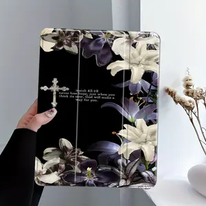 Lily Cross Bible Pattern Foldable Tablet Case with Pen Slot, Suitable for iPad Mini, Air, Pro 4, 5, 6, 7 (2017, 2018, 2019, 2020, 2021, 2022, 2023, 2024, 2025 models), and Samsung S6, 7, 8, 9, 10FE + A7 LTE Tablet Cases
