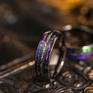 Meteorite and Opal Tungsten Ring - 6mm/8mm Bronze, Classic Fashion Style for Men, Valentine Gift, Jewelry Gift, Engagement, Wedding Ring, Birthday