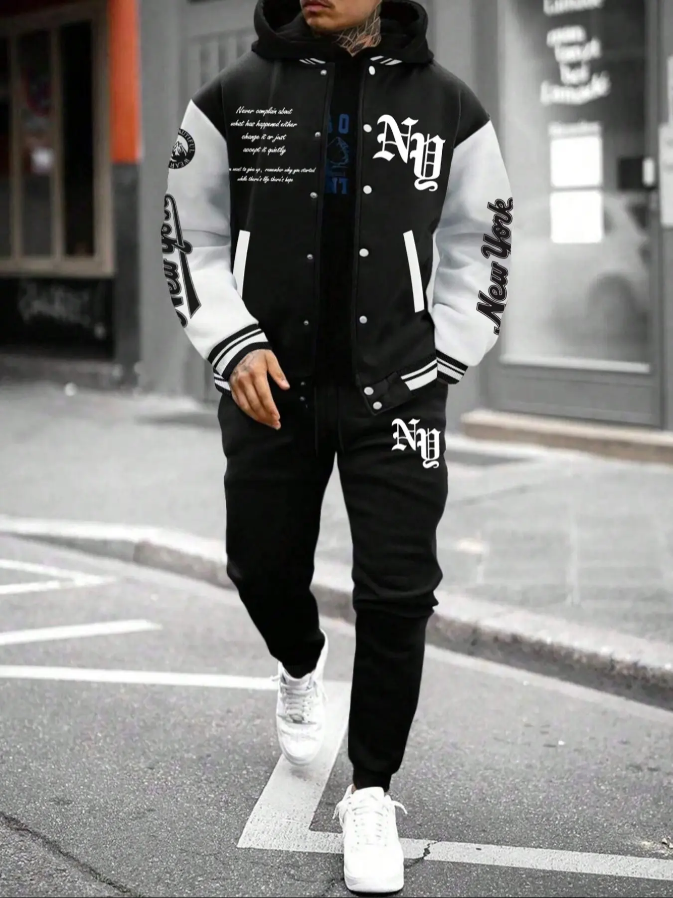 Men's Streetwear Tracksuit 2 Piece Outfits Color Block Letter Graphic Long Sleeve Varsity Jacket and Pants Set, Comfortable And Warm Bomber Jackets, Mens Clothes for Fall Outfits & Winter Outfits