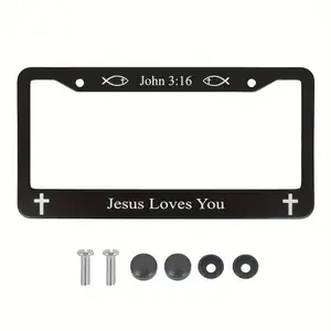 John 3:16 License Plate Frame – Jesus Loves You Christian Car Accessory – Durable Black Metal Frame