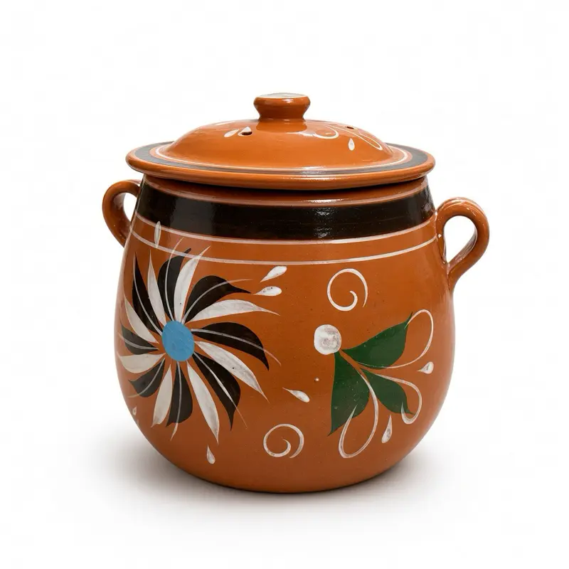 Food Safe Mexican Clay Bean Pot W/Lid, Olla De barro Frijolera Decorada Con Tapa, Cazuela Tradicional Large Cookware Traditional Classic, (1-1.25Gallon) (Olla Jalisco) (Food Safe) (Made In Mexico)