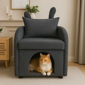 Velvet Bunny-Ear Pet-Friendly Armchair with Cat & Dog Hideaway, Plush Sofa Chair with Side Pocket, Cute Dual-Use Accent Chair for Living Room, 27.4 x 25.2 x 37.4