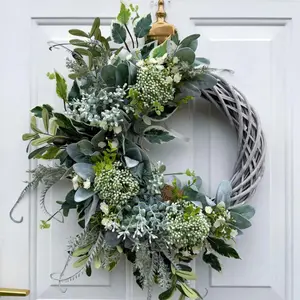 18 Inch Neutral Floral Eucalyptus and Berry Faux Flower Hanging Wreath, Rustic Braided Door Hanger, Farmhouse Style Home Decor, Front Door Wall Decoration