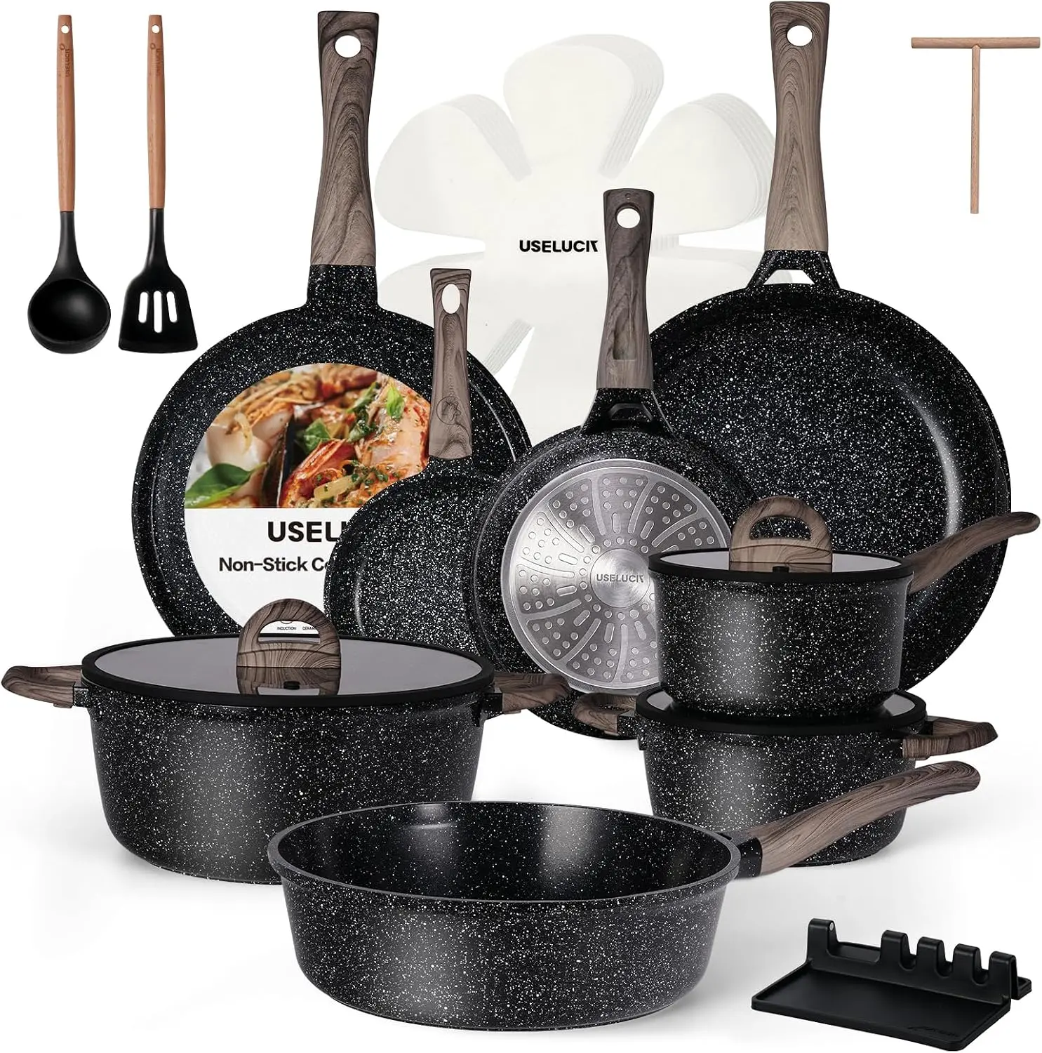 USELUCK Pots and Pans Set Non Stick Non-Toxic 22 Pcs Ceramic Cookware Sets Nonstick Kitchen Pot&Pan With Lid Black Granite Induction Compatible with Glass Lids Crepe Frying Pan PFOA/PFOS-Free