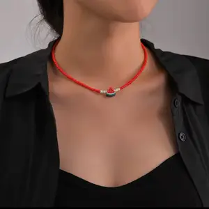 Beaded Watermelon Necklace – Palestinian Inspired Red & White Bead Choker | Summer Jewelry | Cute Fruit Necklace | Youthful Gift | Um Yafa