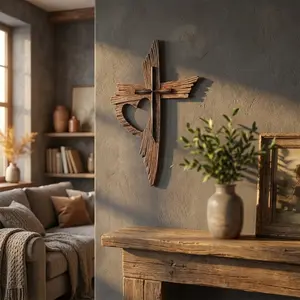 Stylish home décor, premium brass vintage heart-shaped wall-mounted cross - multi-layered distressed wood grain texture, a Jesus spiritual art sculpture.
