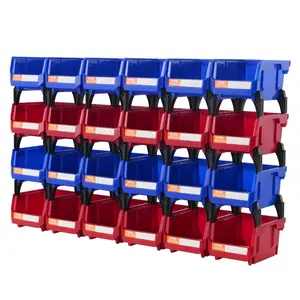 Heavy Duty Plastic Stackable Storage Boxes, 24-Pack 5x4x3 In Stacking Hanging Bin Organizer, Blue/Red Closet Containers for Kitchen, Office Organization