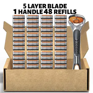 Men's Razor Blade Replacement, 48pcs Stainless Blades Razor Blade & 1 Count Handle, Sharp Handheld Razor Blade, Men's Care Product for Daily Use
