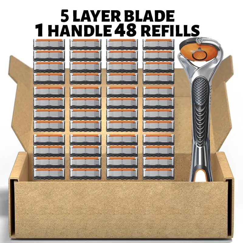 Men's Razor Blade Replacement, 48pcs Stainless Blades Razor Blade & 1 Count Handle, Sharp Handheld Razor Blade, Shaving Tool, Men's Care Product for Daily Use