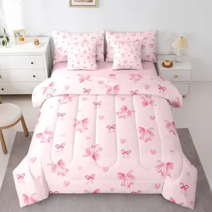 Bow Tie 7 Piece Bedding Set,Love Heart Comforter Set with Sheets Cherry Kawaii Ribbon Bowknot Bed in a Bag Cherries Aesthetic Girly for Kids Girls Women