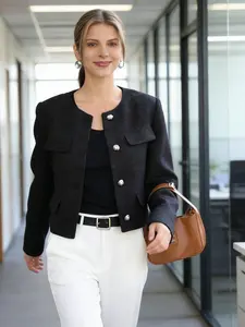 A women's black round-neck patch pocket design casual single-breasted fitted short coat jackets, suitable for spring and autumn seasons, suitable for daily attendance, gatherings and occasions, Womenswear