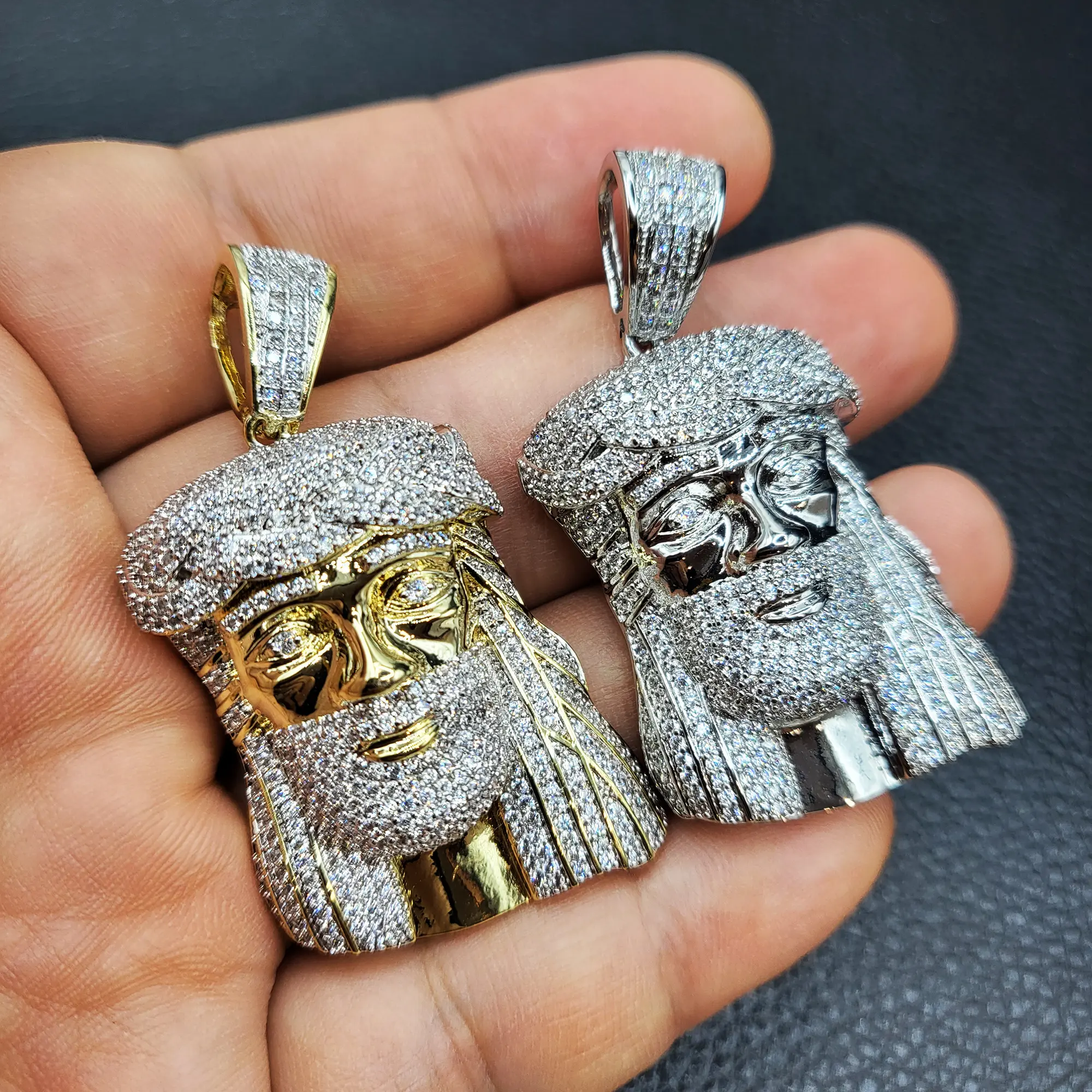 MaxBling81 Iced Out Jesus Head Charm Pendant, 2-Tone Gold-Silver Plated Brass Statement Piece, Unisex Hip Hop Bling Jewelry with Simulated Gems, Everyday Wear