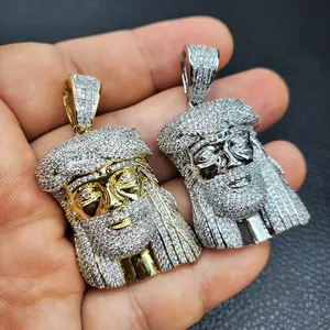 BRASS HIP HOP ICED GOLD SILVER PLATED BLING JESUS HEAD SIMULATED DIAMOND CHARM PENDANT BCH-1021