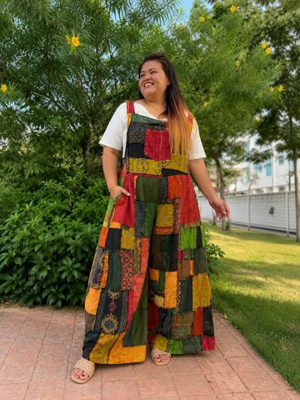 Bohemian Patchwork Wide-Leg Jumpsuit | 100% Cotton Handmade Festival Overalls | Plus Size