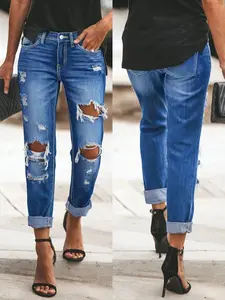 Blue High-Waisted Ripped Straight Leg Jeans, Cuffed Nine-Inch Distressed Denim Jeans, Summer Streetwear Essential, Casual Fit, Womenswear