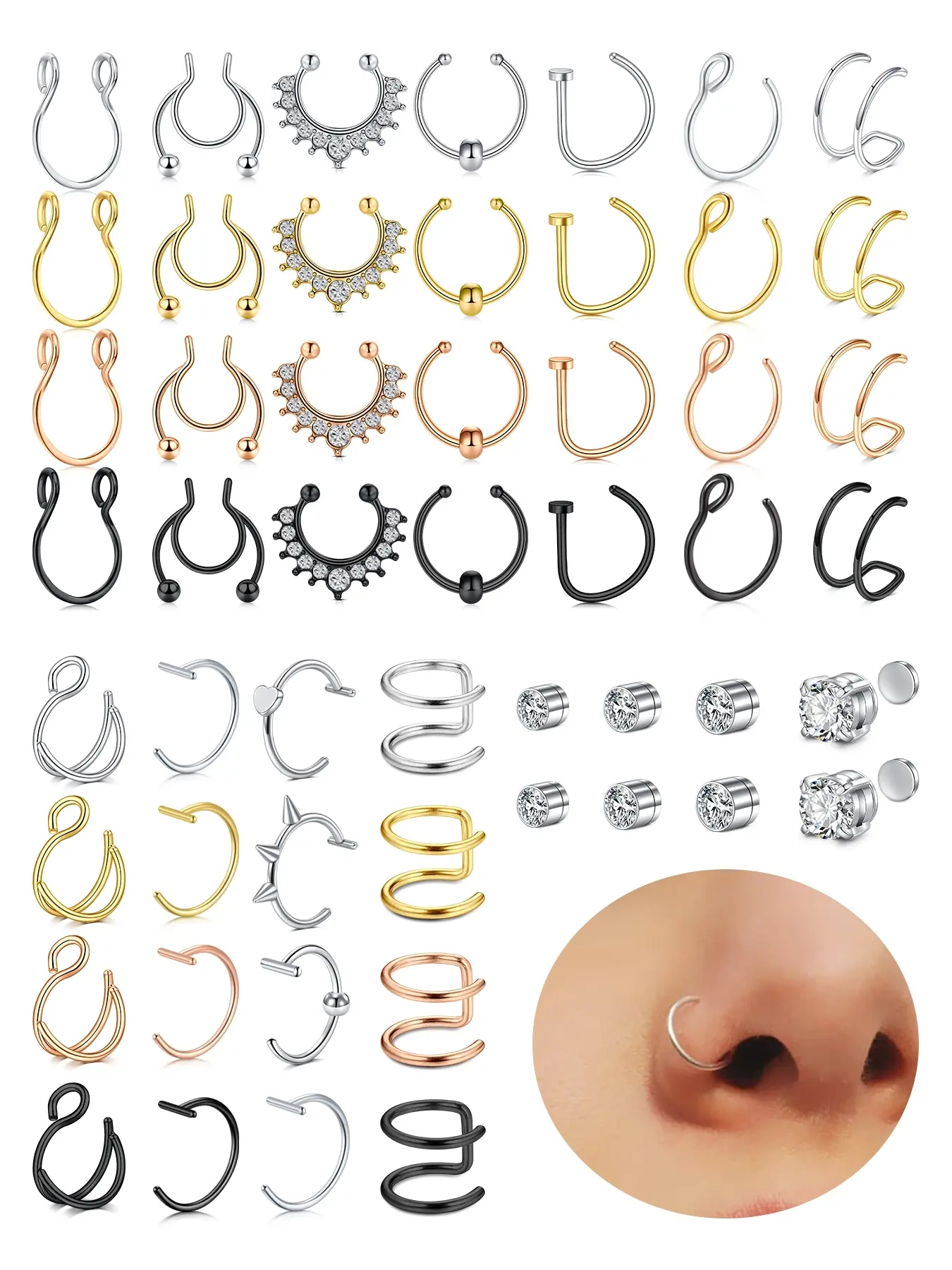 4Pcs Fake Nose Ring Nose Septum for Women Men D-shaped Clip On Faux Nose Piercings Fake Septum Cuffs Non Piercing Jewelry Lip Rings Fashion Chic Body Jewelry Accessory Septum Clicker Ring Nose Rings Set