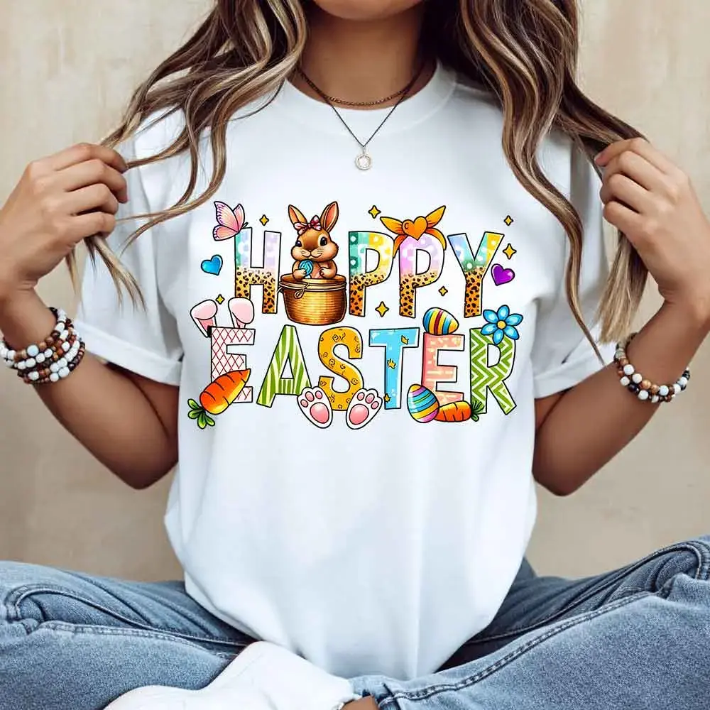 Women's Short-Sleeve Round Neck Loose Fit Casual T-Shirt Top - White, Easter Bunny, Egg & Carrot Design for Spring Celebrations, Tshirt