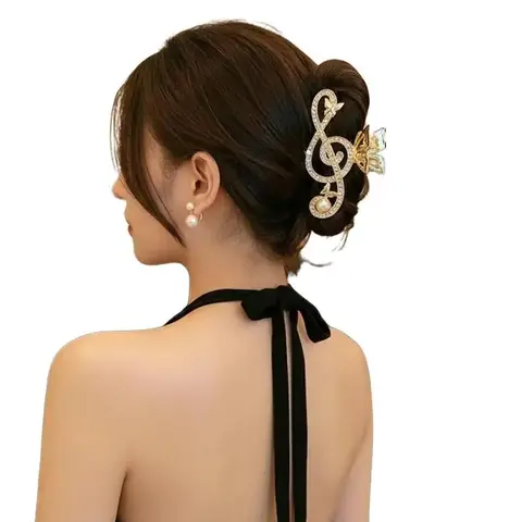 Treble Clef Hair Clip Gold Color Sparkling Rhinestone Barrette with Butterfly Accents for Music Lovers Formal Events and All Day Glam Musical Charm Hairpins