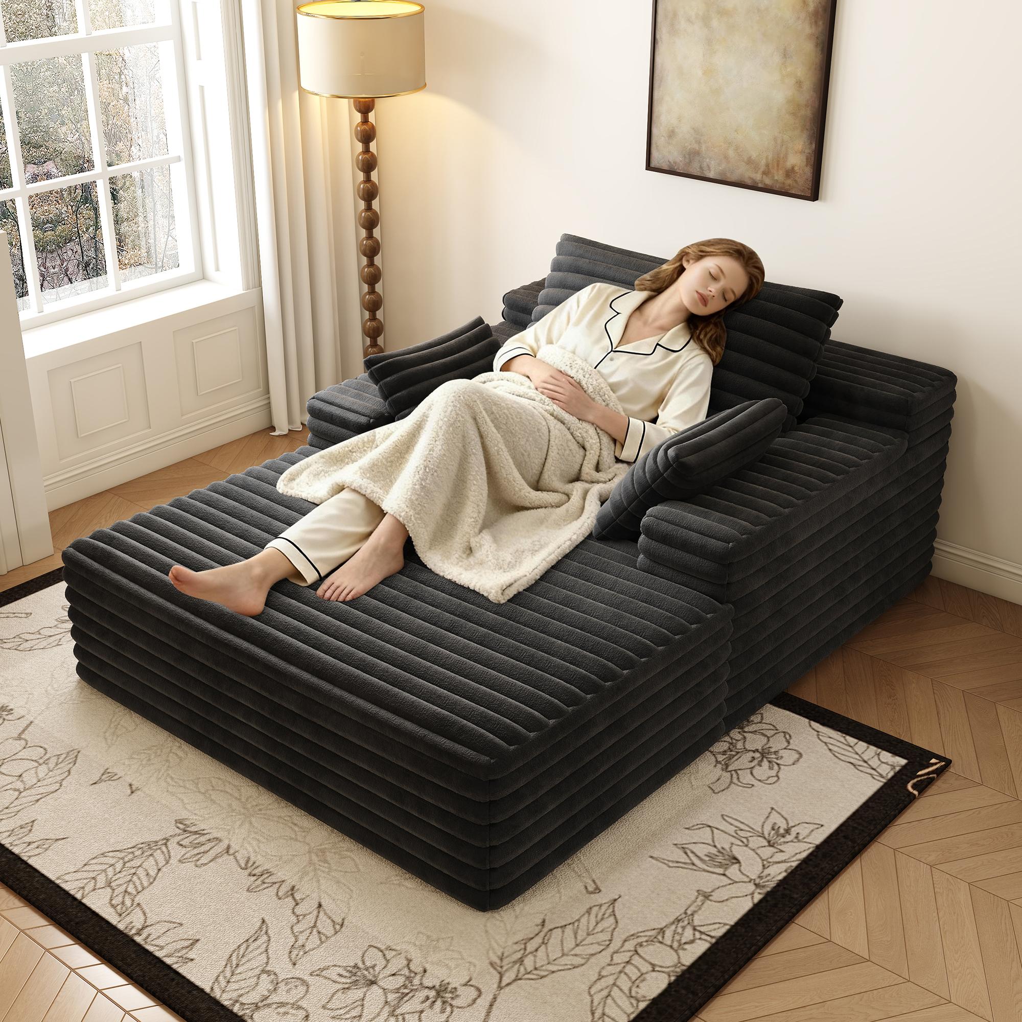 Chaise Lounge Indoor, Oversized Chaise Lounge Chair with 3 Throw Pillows and Armrests, Corduroy Upholstered Plush Sofa Bed Lazy Chair Bed Sleeper Chair for Living Room Apartment ,Lazy Couch Bean Sofa for Adult