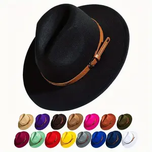 Unisex wide-brim fedora with detachable belt buckle, vintage-style tricorn, fashion accessories for men and women in multiple colors, felt hat
