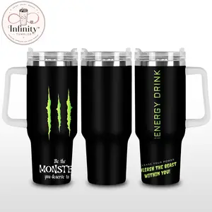 Green Claw Energy Drink 40oz Tumbler With Handle, Black Neon Stainless Steel Insulated Travel Cup, Beast Mode Leakproof Mug, Gym Gamer Gift Drinkware