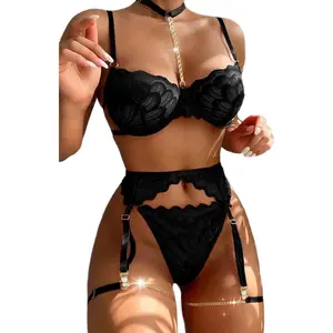 Lilosy Floral Lace Scallop Choker and Underwire Push-Up Garter Belt Lingerie Set - 3 Piece Ensemble