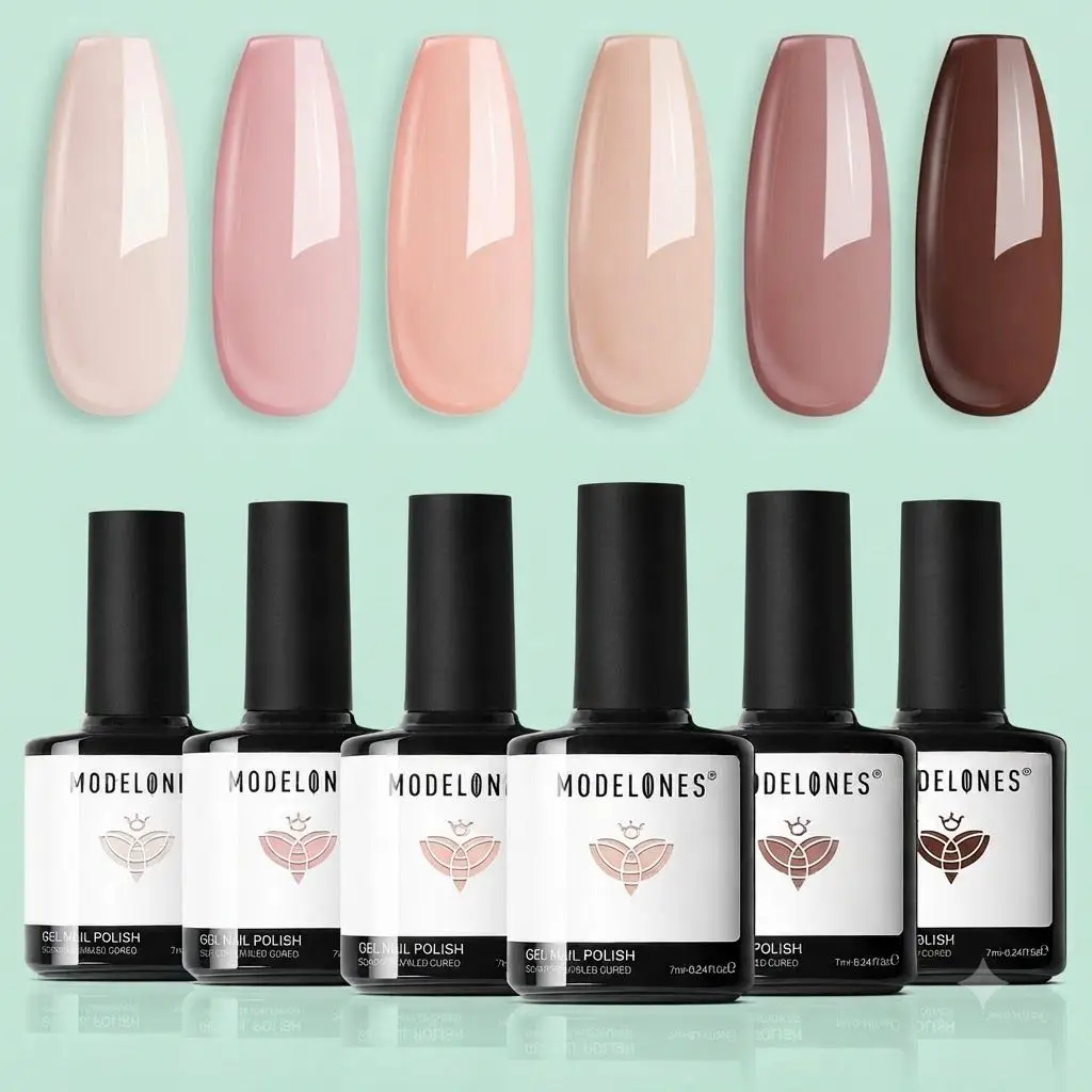 Modelones Nude Gel Nail Polish Set (6 Colors) – Pink, Milky White & Brown Soak-Off Gel Polish Kit
