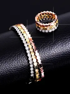 6pcs/set 18k Gold-Plated Copper Zircon Three-Ring Stacked Honeycomb Bracelets & Rings Set, High-Quality Geometric Stack Jewelry for Men & Women