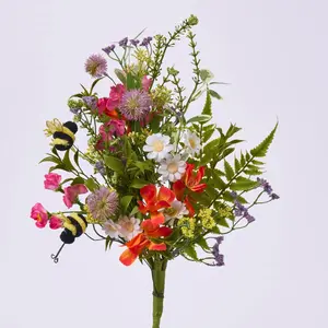 Mixed Summer Faux Florals & Fluttering Bee Pollinator Bouquet Spray - 21"