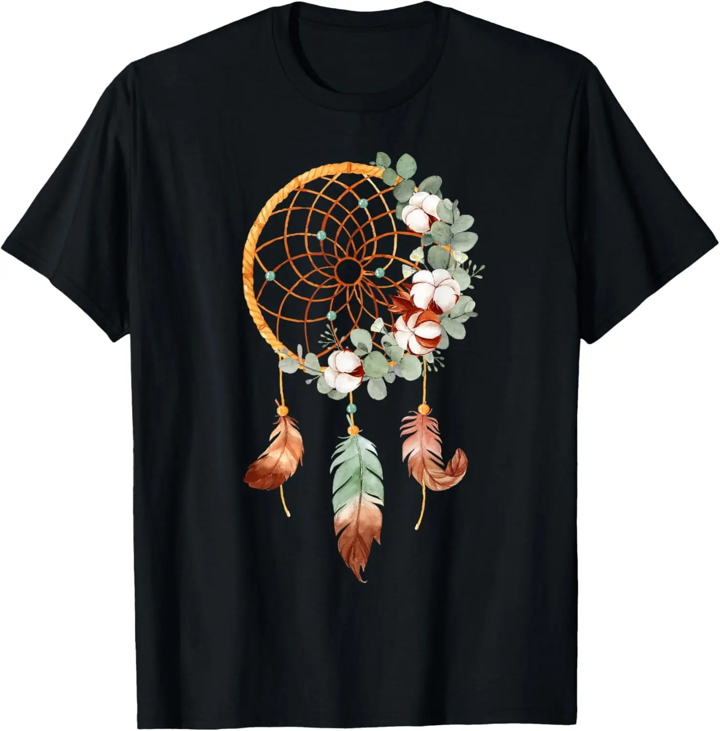 Women's 100% Cotton Vintage Dreamcatcher Graphic Shortsleeve Round Neck Pull-On T-Shirt - Distressed Details, Casual Streetwear, Wide Size Range, Machine Washable, All Seasons Everyday Clothes