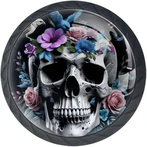 4-Piece Drawer Knobs - Birds Skull Floral Kitchen & Bathroom Cabinet Knobs, Black Glass Pulls 35MM