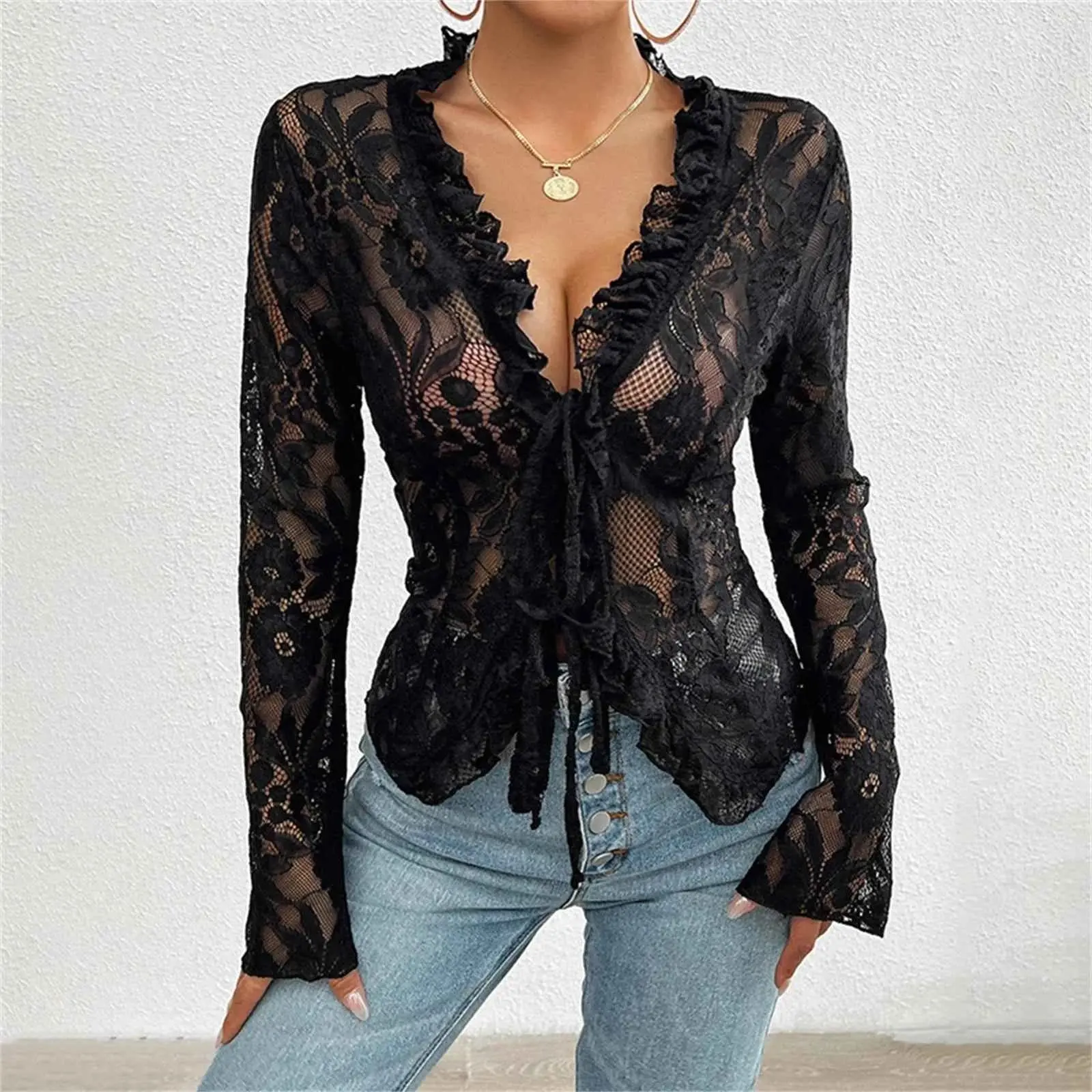 Women's Sheer Lace Mesh Blouse, 90s Grunge Style Tie-Front Long Sleeve for Festivals & Clubwear, Bodysuit, Shirts, Knot