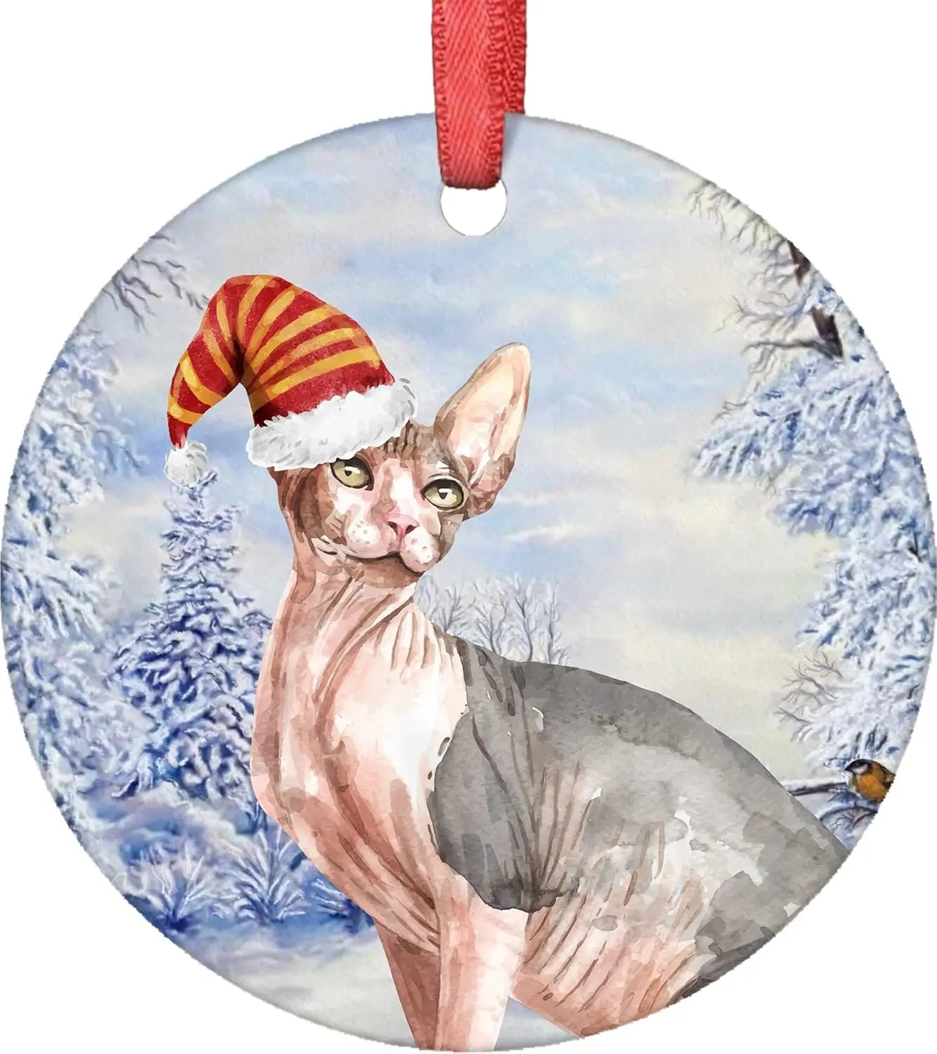 Sphynx Christmas Ornament 2025 - Sphynx Cat Christmas Ornaments - Santa Cat Christmas Tree Decorations - Xmas Cat Ornaments for Christmas Tree - Porcelain Ornament - Christmas Decorations - Holiday Pet Gifts