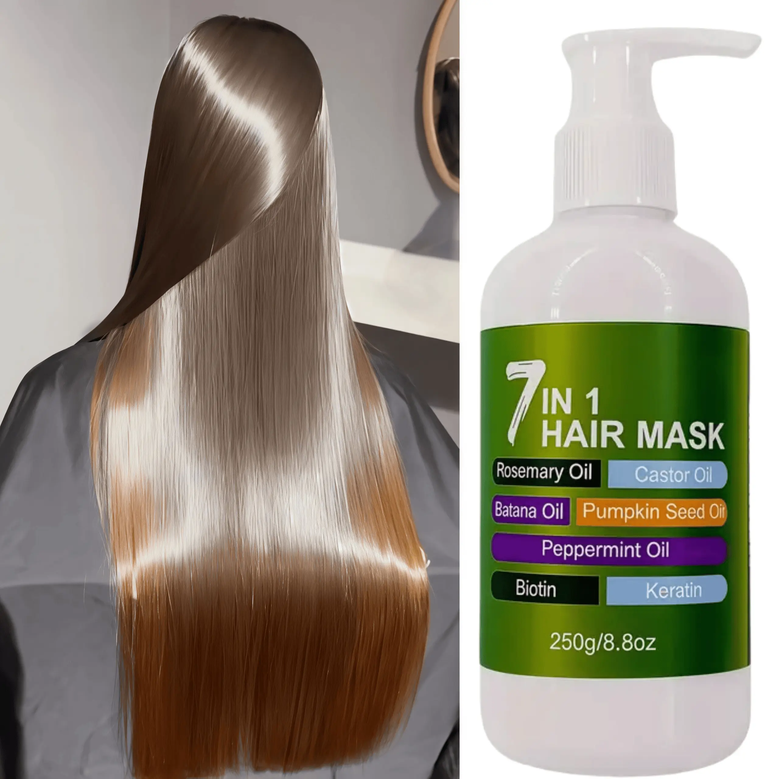 7-in-1 collagen hair mask, rich in keratin and castor oil, deeply nourishes hair, smooths frizz, leaving hair soft, shiny, and supple.Lightweight texture, suitable for all hair types.Repair dry, frizzy, split, and tangled hair