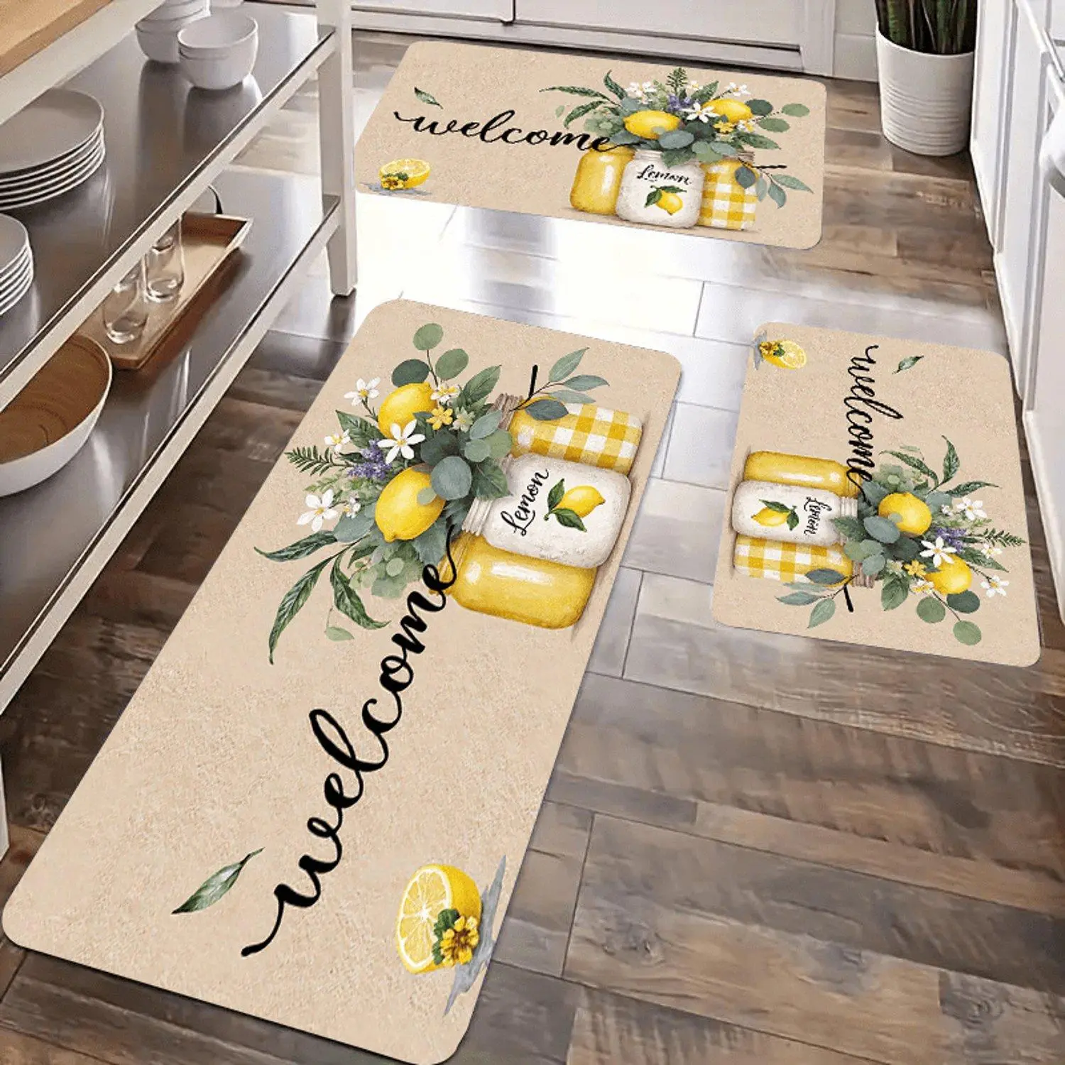 1pc Modern Lemon Flower Print Flannel Floor Mat Soft Lightweight Comfortable Festive Home Floor Rug for Kitchen Doorway Bedroom Laundry Room Decor