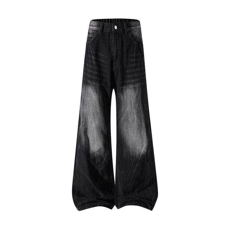 Men's Spring and Autumn Solid Color Vintage Washed Denim Pants, Loose Straight-Leg Workwear Casual Pants, Trendy New Floor-Length Jeans, Couple's Washed Wide-Leg Pants, Street Style Versatile Fashionable Men's Trousers, Men's Jeans Suitable for Everyday W