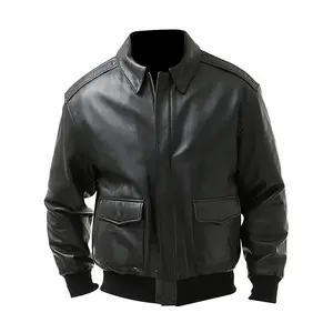 Men's Leather Jacket Black Air Force A-2 Goatskin Leather Jacket, Zip Front, Flap Pockets by Hide Crafts
