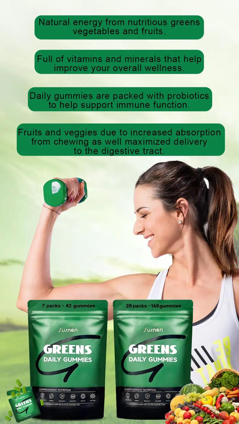 Susnen Greens Daily Gummies Multivitamin DailyWellness Supplement Green Apple 20+ in 1 Multivitamin with 20+ Nutrient-Dense Ingredients for Stress & Bone Support Healthcare Fitness-1