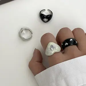Drip Glaze Heart Ring,Black Pearlescent White,Zircon Inlaid,Design Aesthetic,Cute Stackable Index Finger Ring,Women Daily Party Jewelry