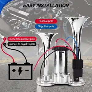Name Complete 130DB Dual Trumpet Air Horn Kit with Built-in Compressor Universal 12V Loud Horn for Car Truck SUV Off-Road Boat Easy Mount Durable Zinc Alloy Chrome All Weather Resistant Ready to Install