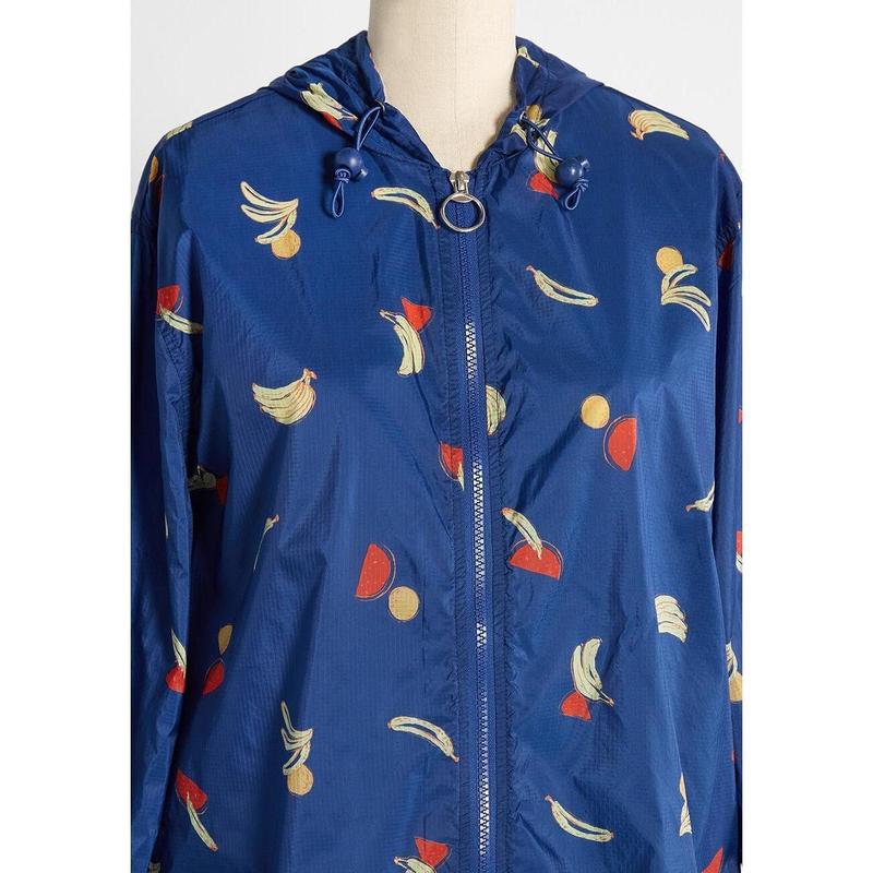 ModCloth Mind at Breeze Windbreaker Jacket with Pockets, Hood, Zipper Front, Water Resistant, Banana Fruit Print - Navy Blue (XS-4X)