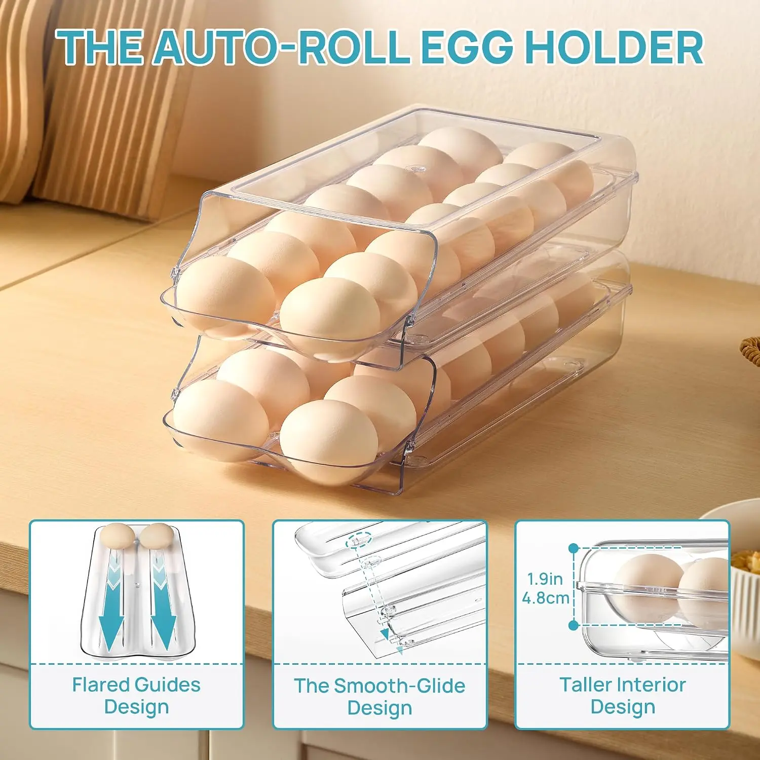 2-Pack Fridge Automatic Rolling Egg Holder, Home Organizer Storage Bin with Easy View Design, Convenient Access for Baking & Mom Hacks