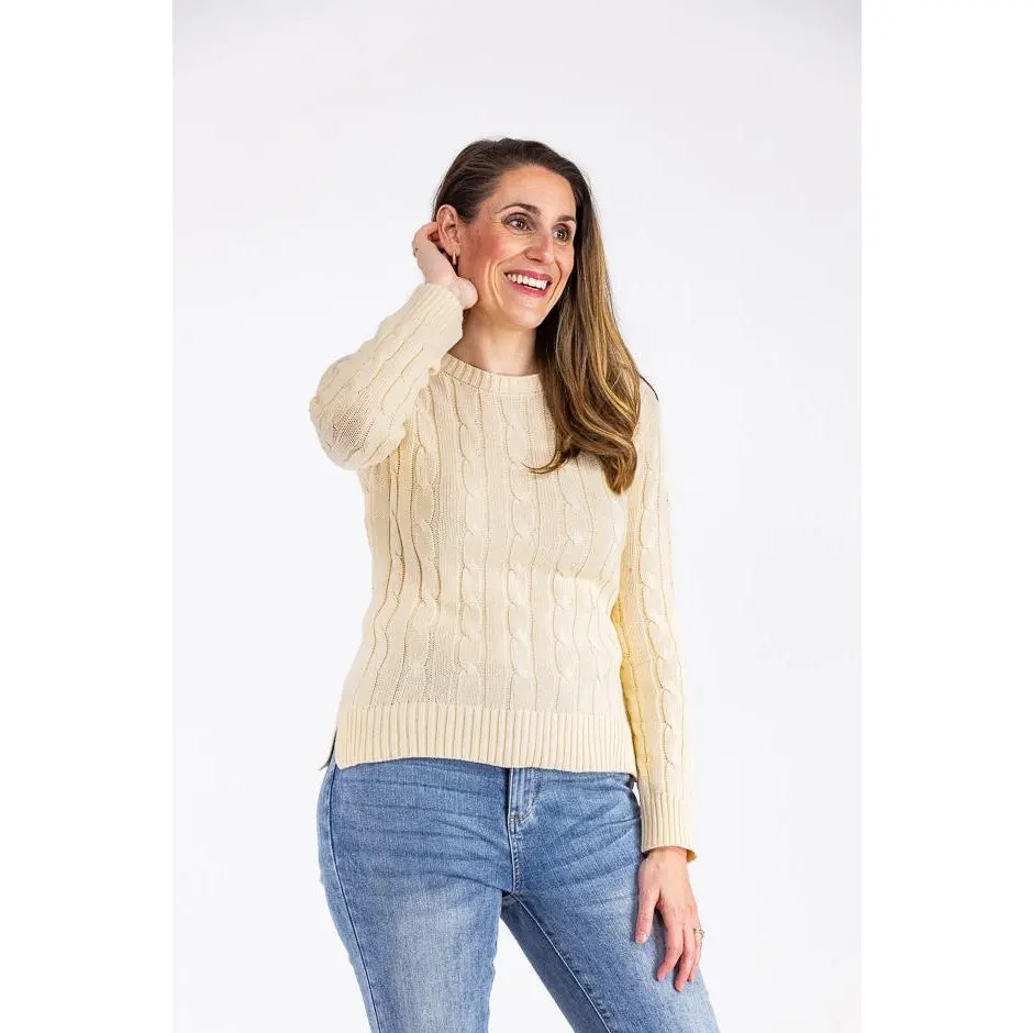 Women's Cable Crew Knitwear Top - Long Sleeves, Ribbed Design, Comfortable Fabric *Final Sale*, Tops, Cotton, Soft, Collared, Denim