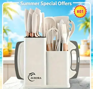 Silicone Cooking Set,19pcs Large Non-stick,Measuring Cups and Spoons Set with StainlessSteel Handle Kitchen Gadgets.  Black Nonstick Spatula White Utensils Pink