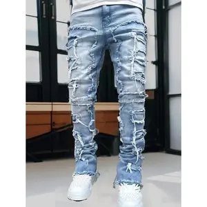 Men's Fashion Streetwear Creative Layered Fringe Detail Jeans, Emo Style