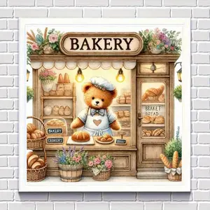 Cute Teddy Bear Bakery 5D Full Drill Diamond Painting Kit Sparkle Rhinestone Mosaic Art Cozy Vintage Bakery Scene with Bread and Florals DIY Wall Decor and Perfect Gift for Bakers and Kitchen Lovers
