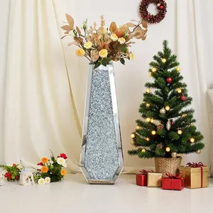 [Gorgeous Glass Vase] 1pc Tall Silvery Diamond Glass Vase | Mirrored Floor to Ceiling Floral Container, Living Room & Wedding Decoration, Suitable for Pampas Hay & Dried Flowers, Autumn Home Ornament