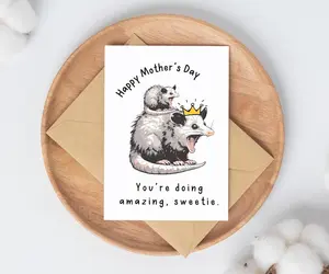 Funny Mothers Day Card For Her, Cute Opossum Card, Gift For New Mom, Card For Friends, Feral Mama Working Mom Card For Daughter For Wife