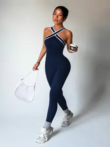 A crossover neck-connected fitness bodysuit with contrasting white-edge design, featuring waist and hip compression for posture correction, suitable for Pilates, running, workouts, and street wear