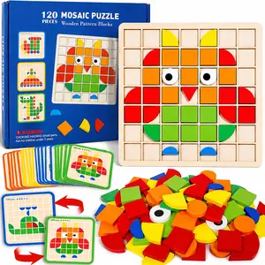Wooden Pattern Block Puzzle Toy for Kids Ages 3+, 120PCS Colorful Geometric Shape Matching Game with 20 Design Cards, Montessori Educational Stacking Toy for Toddlers Boys and Girls